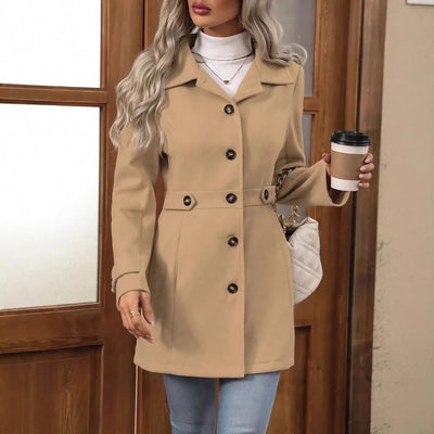 Herbst Winter Neuer mittellanger Eleganter Wollmantel Knopf Stehkragen Schmale Passform Tweed Langlebige Modische Oberbekleidung
