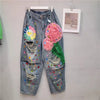 Fashion Rhinestone Washed Ripped Graphic Jeans Street Style Women's Denim Pants High Waisted Beaded Sequin Straight-Leg Jean