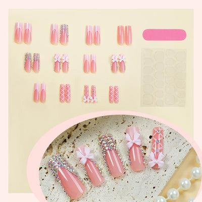 24 Stk. lange Ballett French Press-on-Nägel mit niedlicher rosa Schleife, glänzendem Diamant-Dekor, falsche Nagelspitzen, tragbare süße koreanische künstliche Nägel