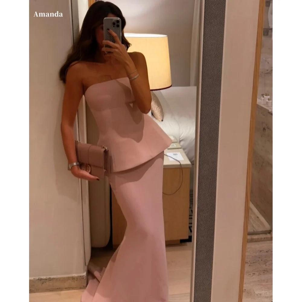 Amanda customized pink mermaid two-piece set Abendkleider Chiffon ärmellose Partykleider Bodenlanges Ballkleid 2024
