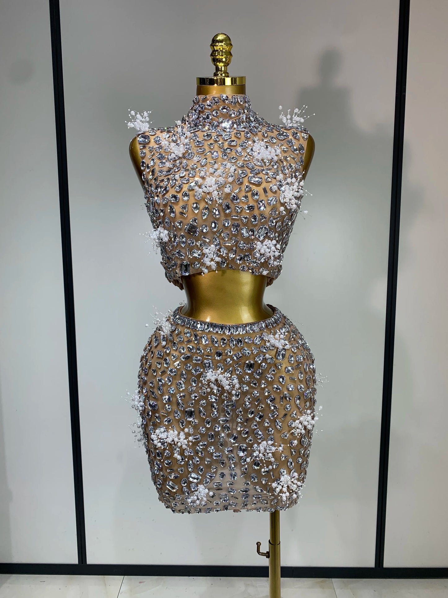 High Quality Sparkling Rhinestone Sexy See Through Blackless Top Skirt Two Pieces Set Woman Luxury Birthday Evening Party Gowns