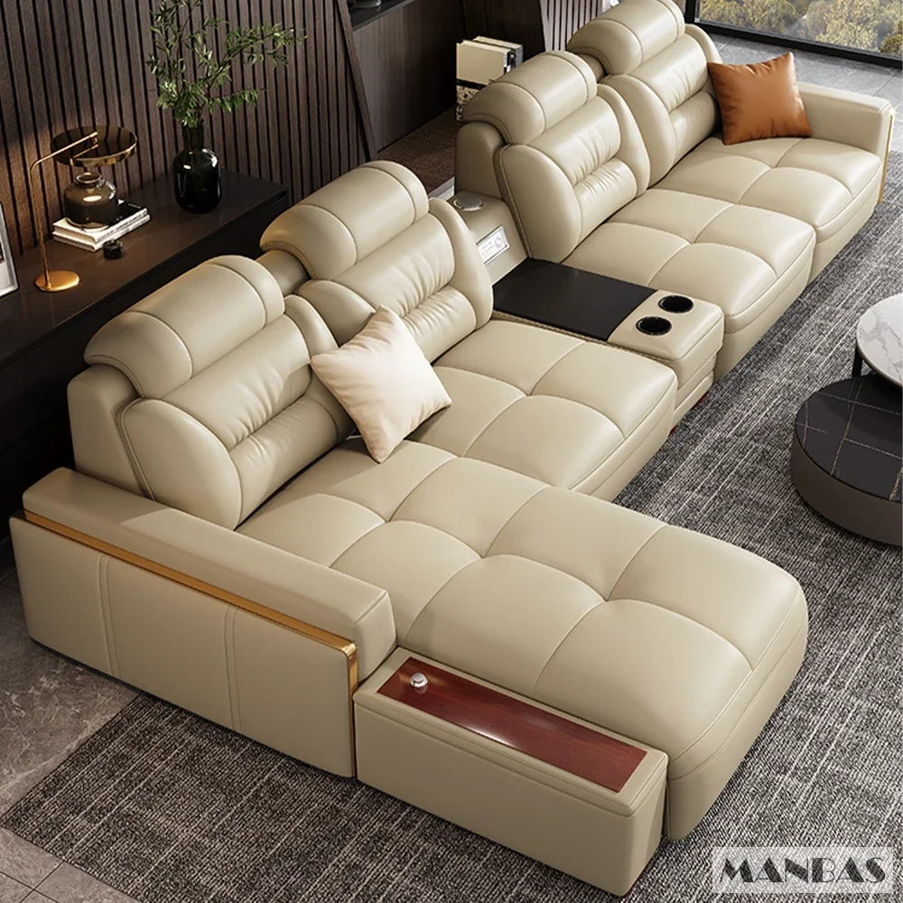Premium italienische Echtleder-Ecksofas Sofagarnituren mit USB und Bluetooth Lautsprecher – MANBAS Wohnzimmermöbel