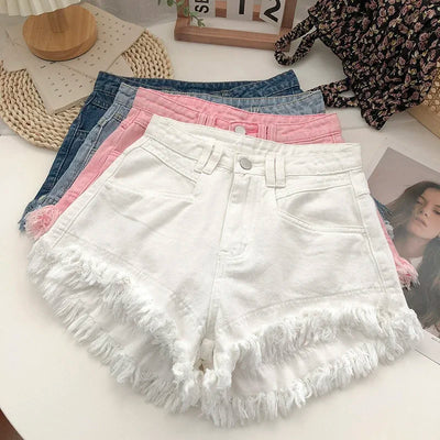 ITOOLIN Damen Vintage Quasten Denim Shorts Knopf Loose High Waist A-Linien Jeans Shorts Lässige Damenhosen Büro Streetwear