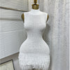 Women's Solid Color Sleeveless Round Neck Slim Fitting Fringe Fur Dress for Summer 2025