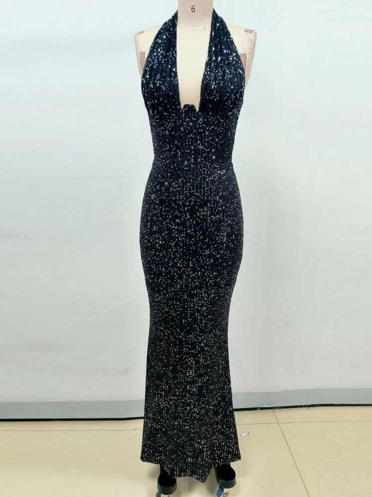 Sexy Neckholder Maxikleid mit tiefem V-Ausschnitt, Pailletten, Damen, Grün, Ärmellos, Rückenfrei, Pailletten, Schlankes langes Kleid, Celebrity Partykleider