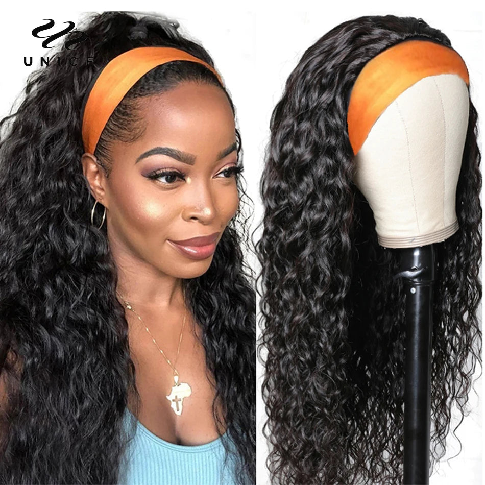 Unice Hair Headband Wig Human Hair Headband Scarf Wig Water Wave Human Hair Wigs for Women No Glue No Sew In Beginner Friendly