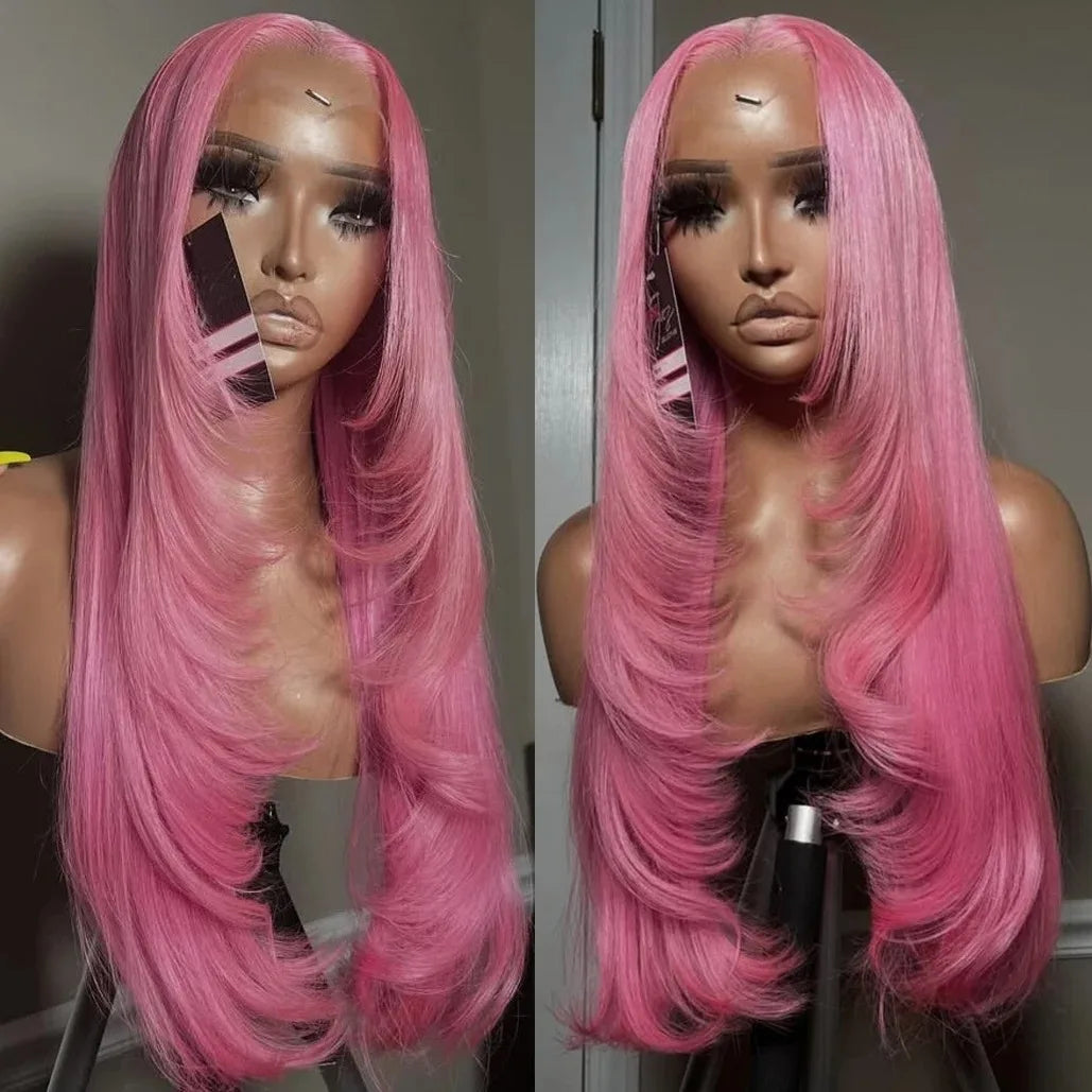 99J Burgundy Red Layered Lace Front Wig With Bangs Bone Straight Synthetic Lace Frontal Wigs 13x4 HD Glueless PrePlucked Cosplay