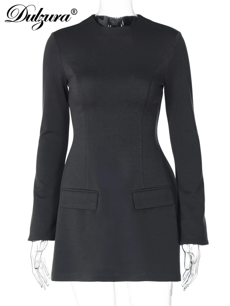 Dulzura Langarm Reißverschluss Bodycon Minikleid mit Taschen Einfarbig Elegantes Outfit Büro Streetwear Damen Herbst Winter Kleidung