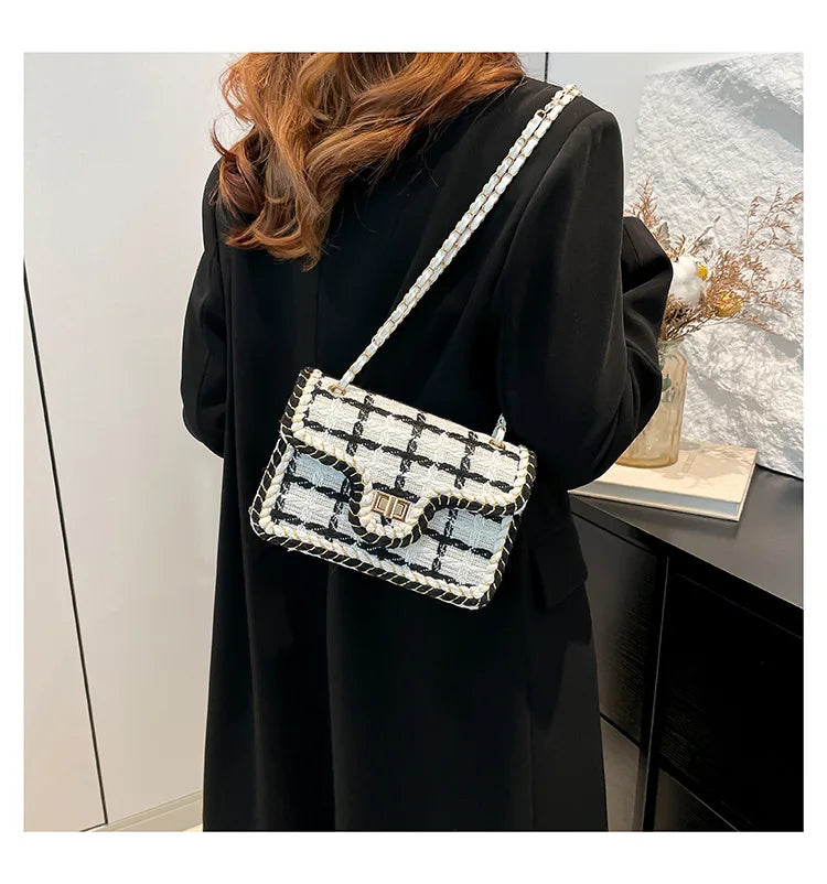Schwarz-weiß karierte lässige Umhängetasche Umhängetasche Damen Schultertaschen Handtaschen mit oberem Griff Modische quadratische Tasche