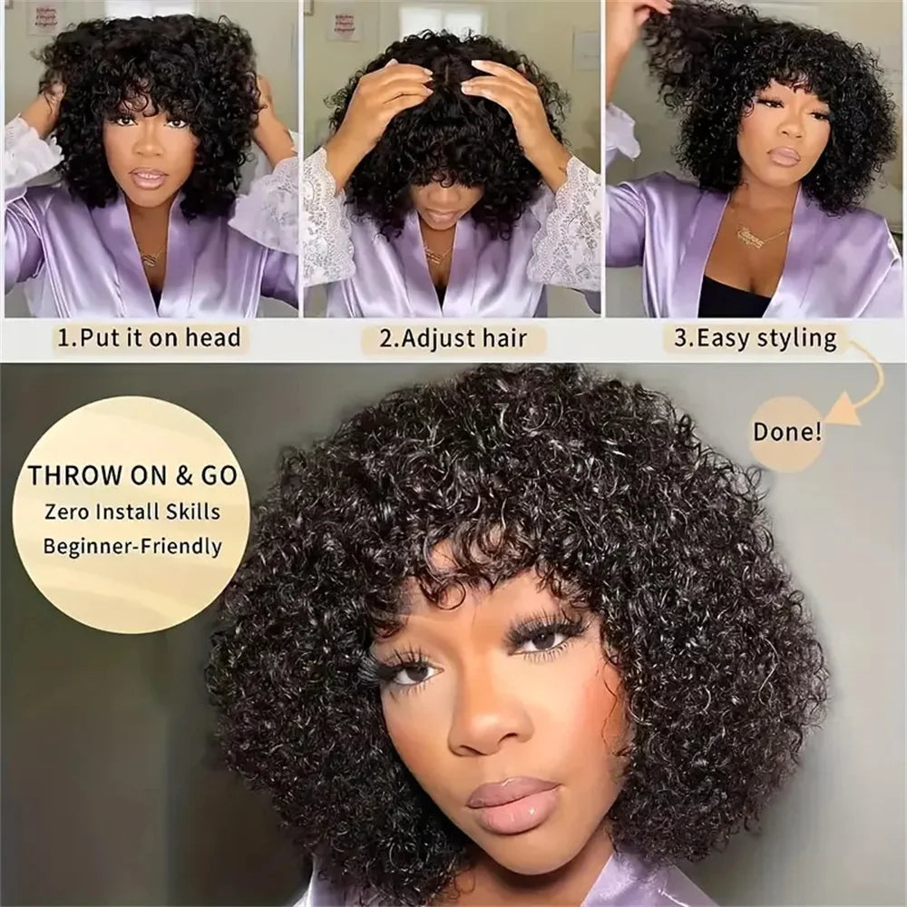 Kinky Curly Short Bob Wig mit Pony Echthaar Glatt Pony Bob Perücke Klebstofflose Minimalistische 2x1 Lace Scalp Bob Pony Perücke für Frauen