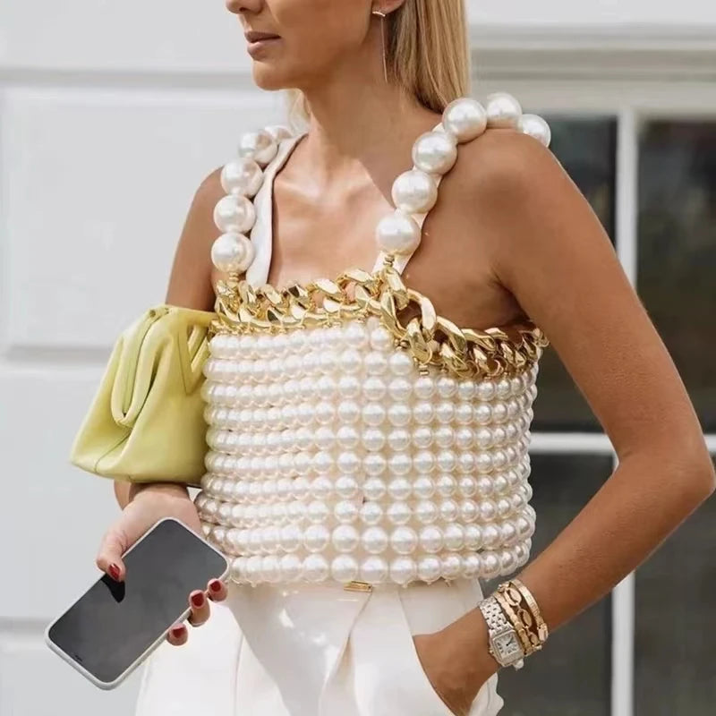Sexy Lingerie Women Fashion Handmade Beaded Body Jewelry Bikini Large Pearl Suspender Vest Chest Chain Party Catwalk