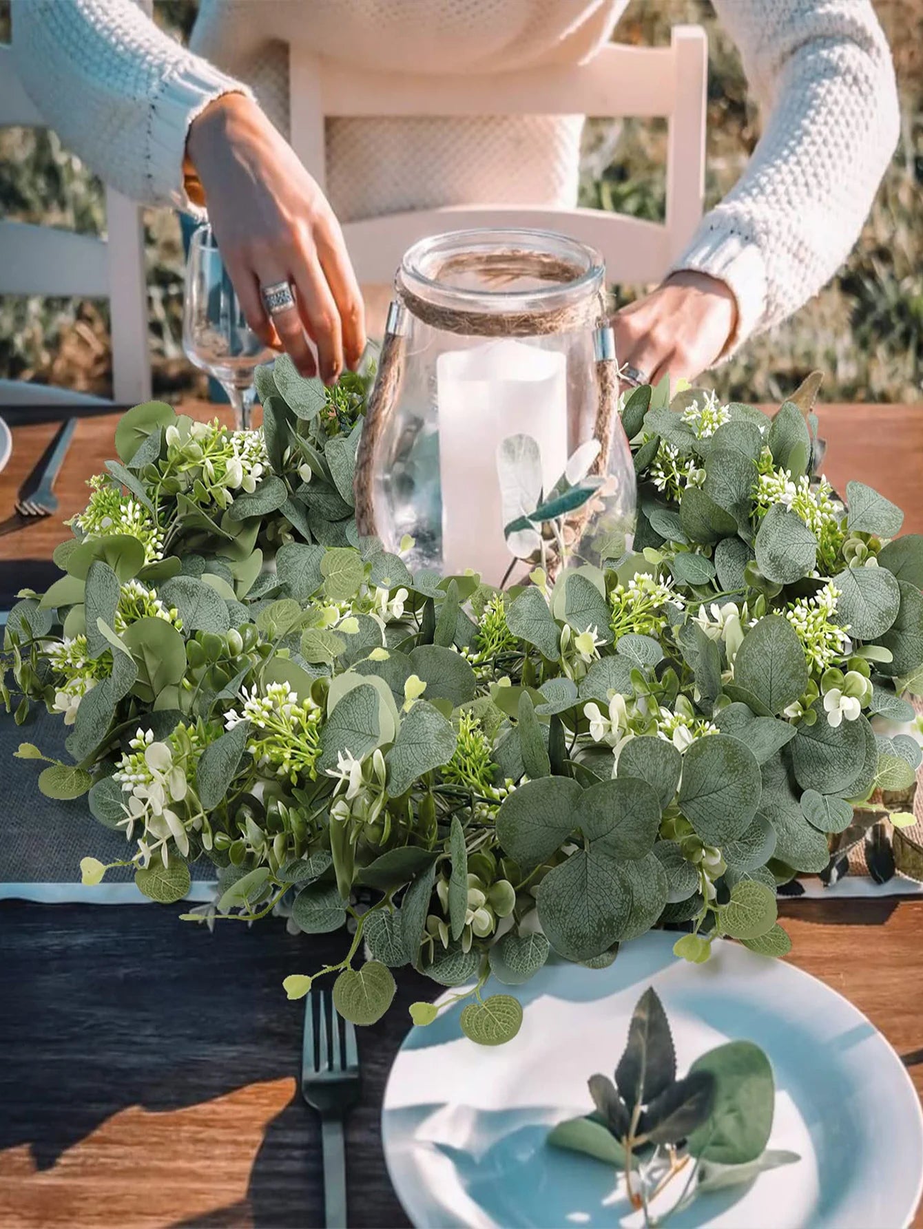 1pc Artificial Eucalyptus Leaves Greenery Garland Faux Plant Spring Vines with White Flowers Berries for Wedding Home Party Deco
