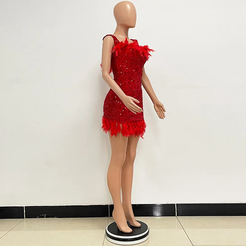Damen Partykleid Ärmellos Glänzende Pailletten Feder Abendkleid Sexy schulterfrei rückenfrei Mini Formelle Ballkleider HXY8