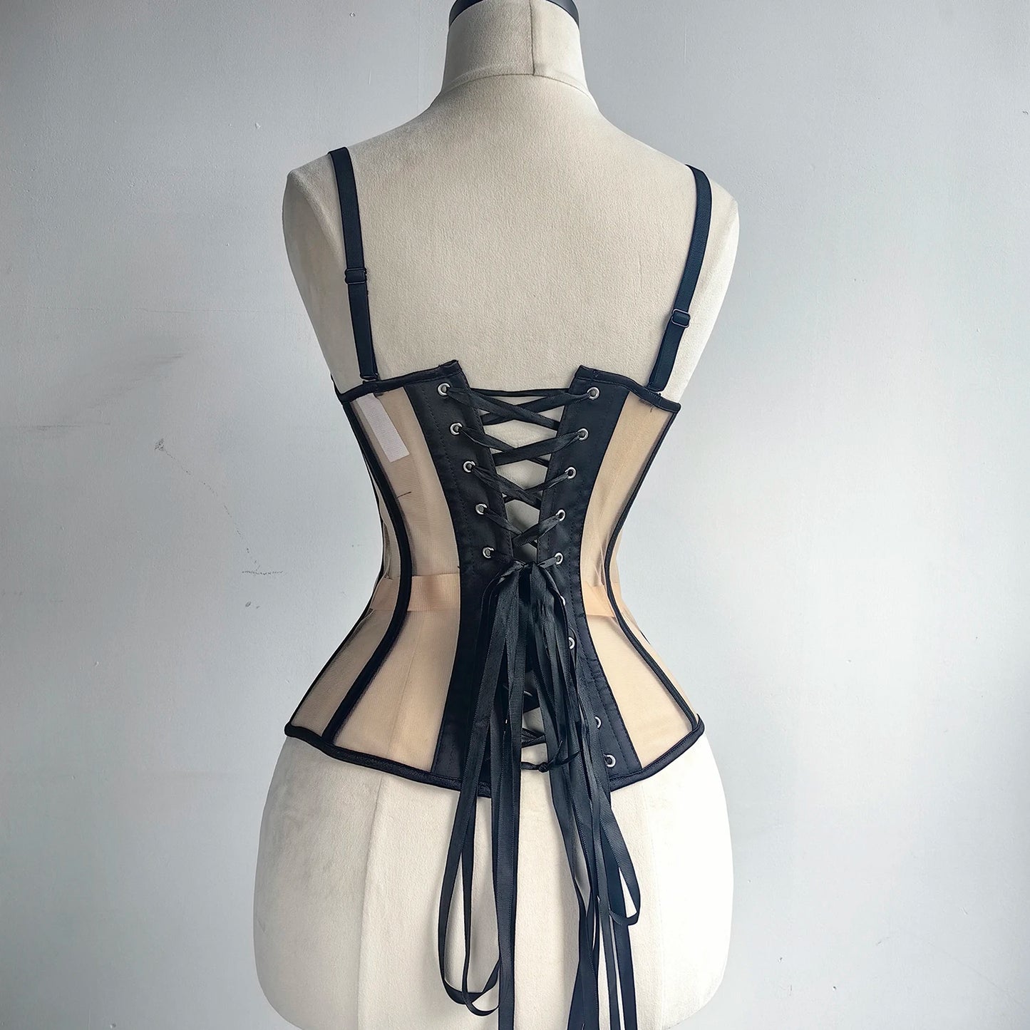 Women Luxury Mesh Corset Bustier Transparent Bodices With Cups Waist Slimmer Lace Up Steel Bone Tight Fitting Tube Tops Costume