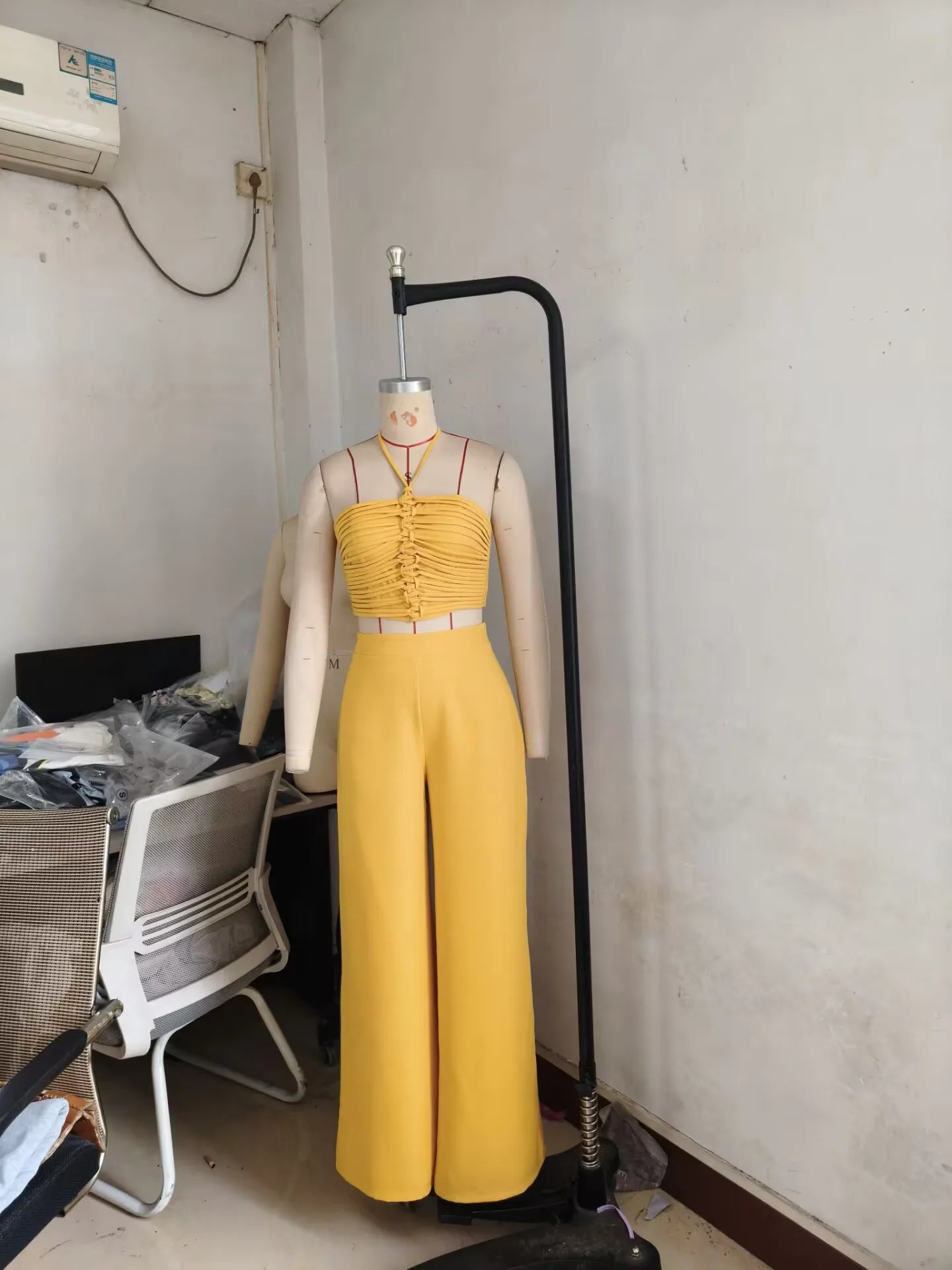 Pant Set Women Two Piece Sets Sexy Sleeveless Tops Drawstring Wide Leg Long Pants High Waist Y2k Streetwear Elegant Splice
