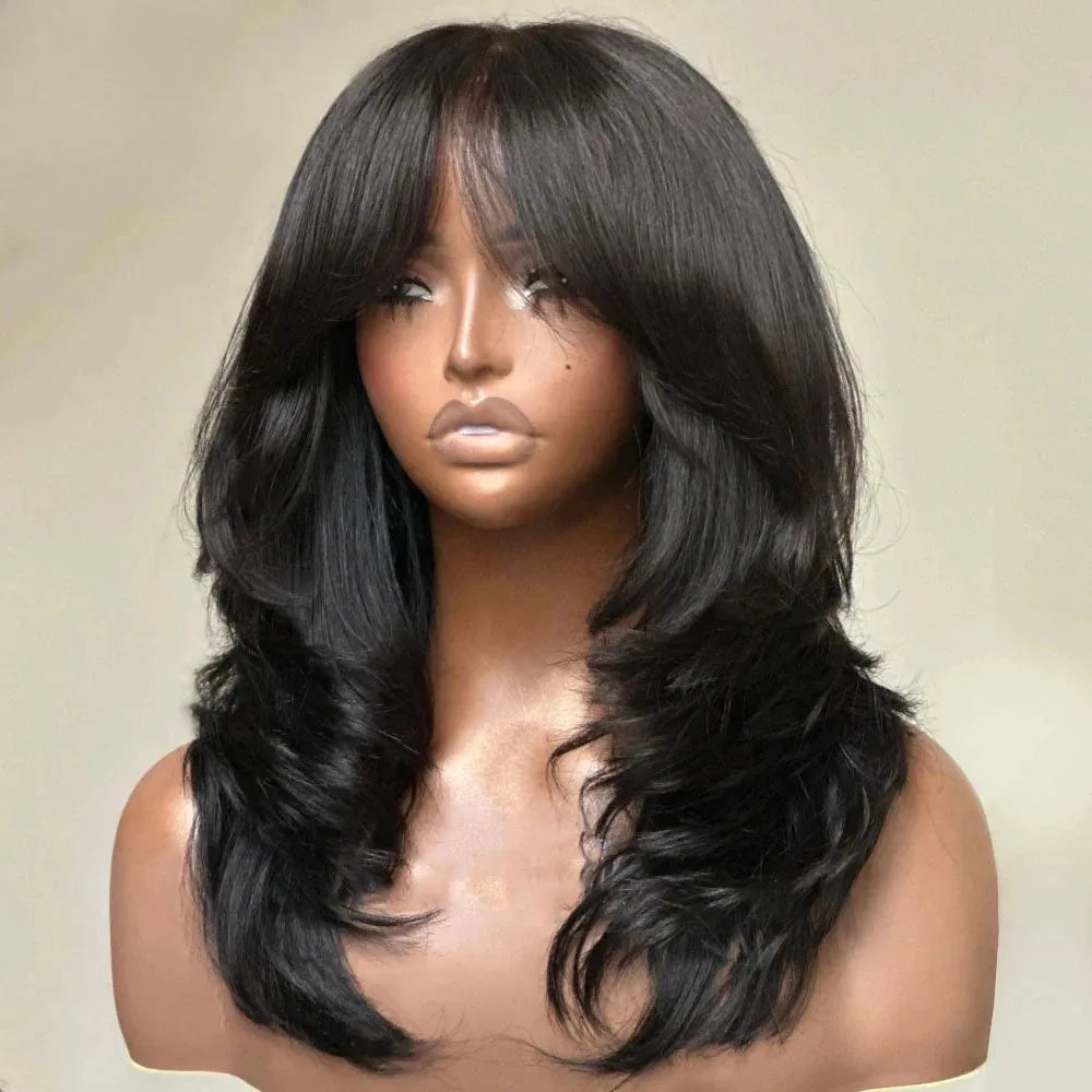 Honey Caramel Ombre Wig Layered Straight Lace Front Wig With Bangs Honey Blonde 13x4 HD Lace Wig Clearance Synthetic For Women