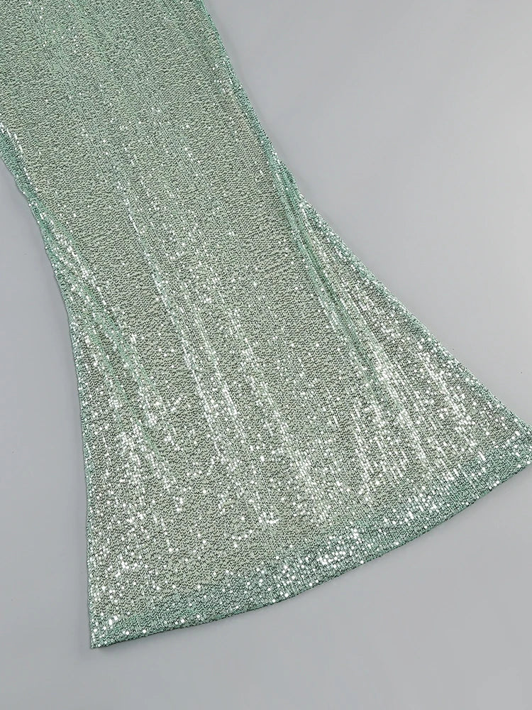 Sexy Neckholder Maxikleid mit tiefem V-Ausschnitt, Pailletten, Damen, Grün, Ärmellos, Rückenfrei, Pailletten, Schlankes langes Kleid, Celebrity Partykleider
