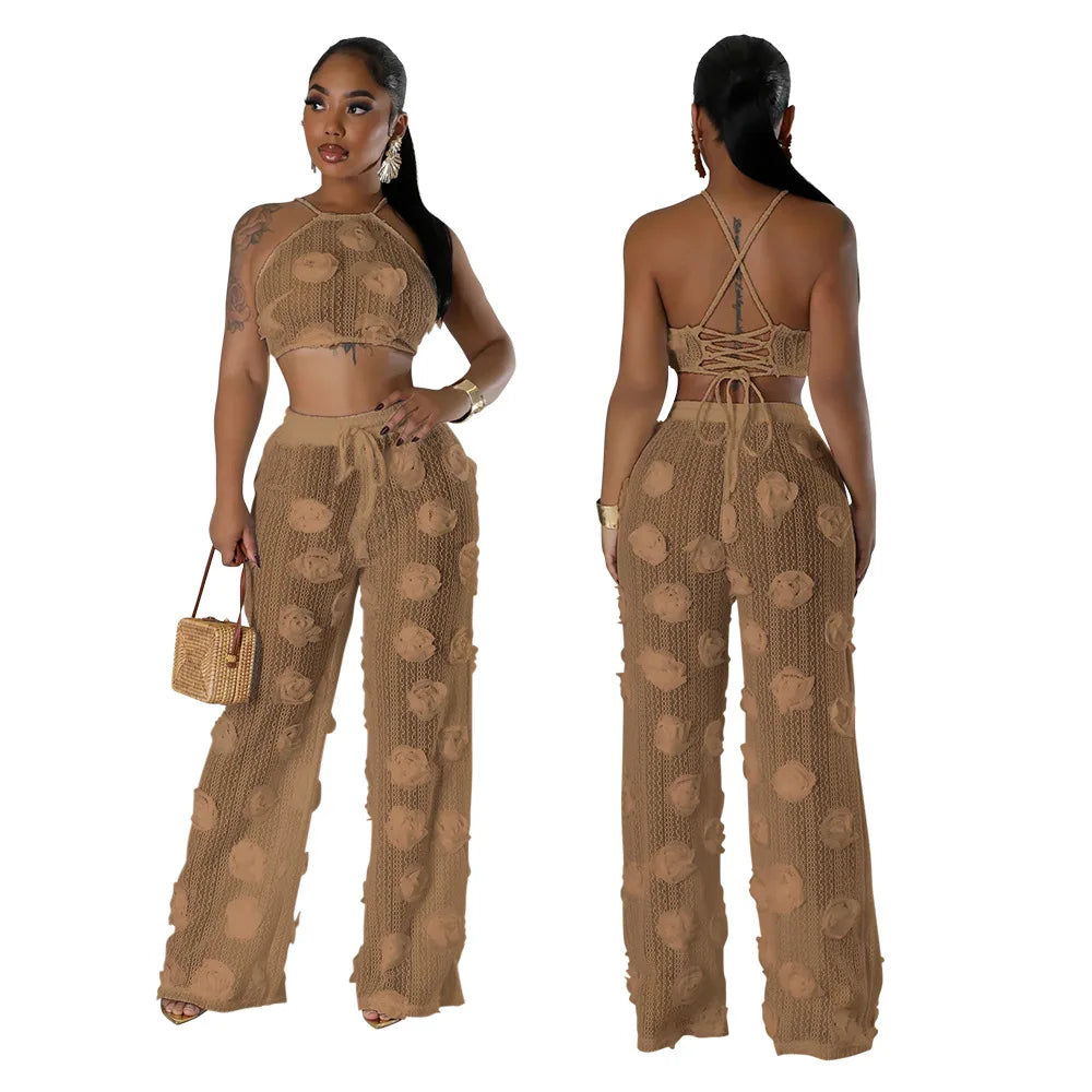 Women Two Piece Pant Sets Sexy Hollow Out Vest Sleeveless Tanks Tops Splice Long Pants Drawstring Streetwear Summer 2025