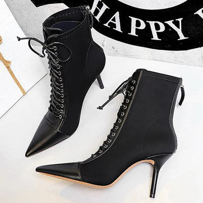 BIGTREE Schuhe Kreuzriemen Sexy Damen Stiefel Spitz Stiletto High-Heel Stiefel 2025 Neue Damen Stiefeletten Übergröße 42 43