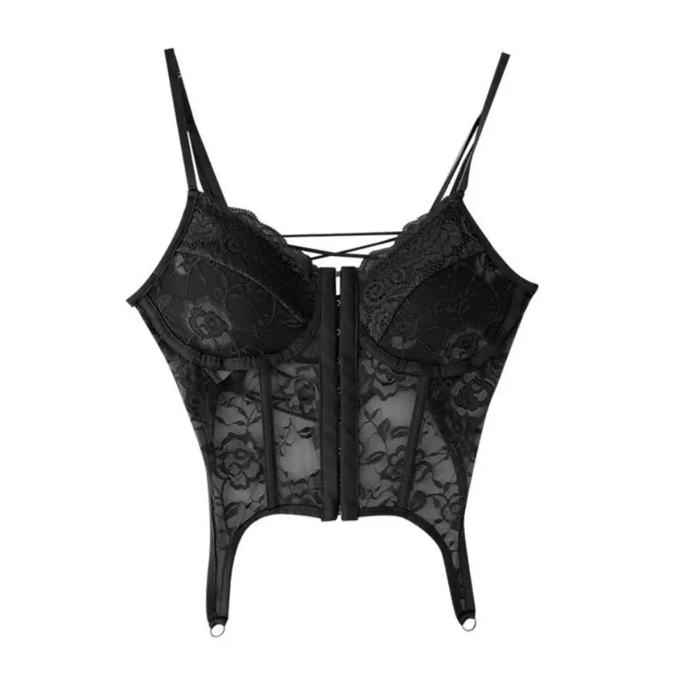 V-Neck Sexy Lace Corset Top Slim Fit Push Up Hollow Suspender Vest Adjustable Straps Off Shoulder Breathable Mesh Vest Travel