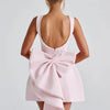 Elegant Pearl Bow Backless Short Dress Women's Sleeveless Party Cute Mini Dresses Black White Pink Chic Birthday Evening Y2K New
