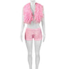 Kricesseen Women's Furry Suits Set 2 Piece Outfits Summer Halter V Neck Backless Crop Top And Stain Matching Shorts Set Clubwear