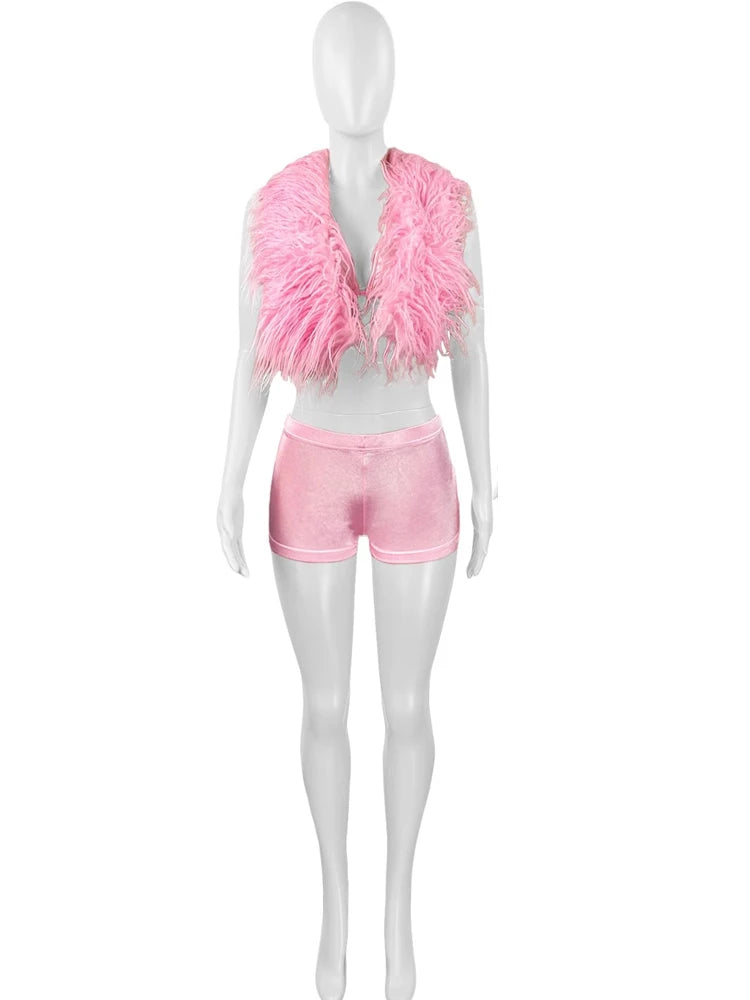 Kricesseen Women's Furry Suits Set 2 Piece Outfits Summer Halter V Neck Backless Crop Top And Stain Matching Shorts Set Clubwear