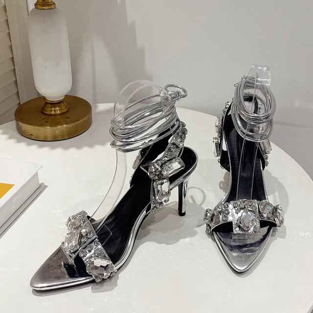 Liyke Sexy Knöchelriemen Vergoldete Sandalen Damen Party Nachtclub Stripper Heels Hohe Qualität Kristall Diamant Spitz Zehe Hochzeitsschuh