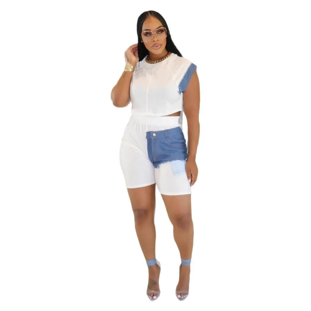 CM.YAYA Fashion Denim Patchwork Women's Set Sleeveless T-shirt and Shorts 2025 Active Street Two 2 Piece Sets Outfits Tracksuit