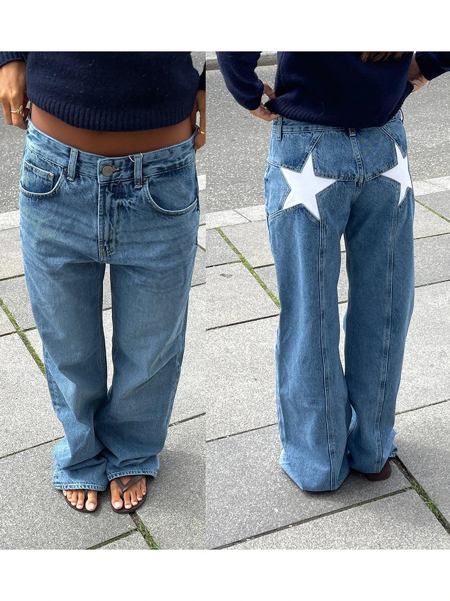 Combhasaki Damen Y2K Vintage Jeans Ästhetischer Sternmuster-Print Loose Straight Leg Denim Lange Hose Lässige Low Waist Hose