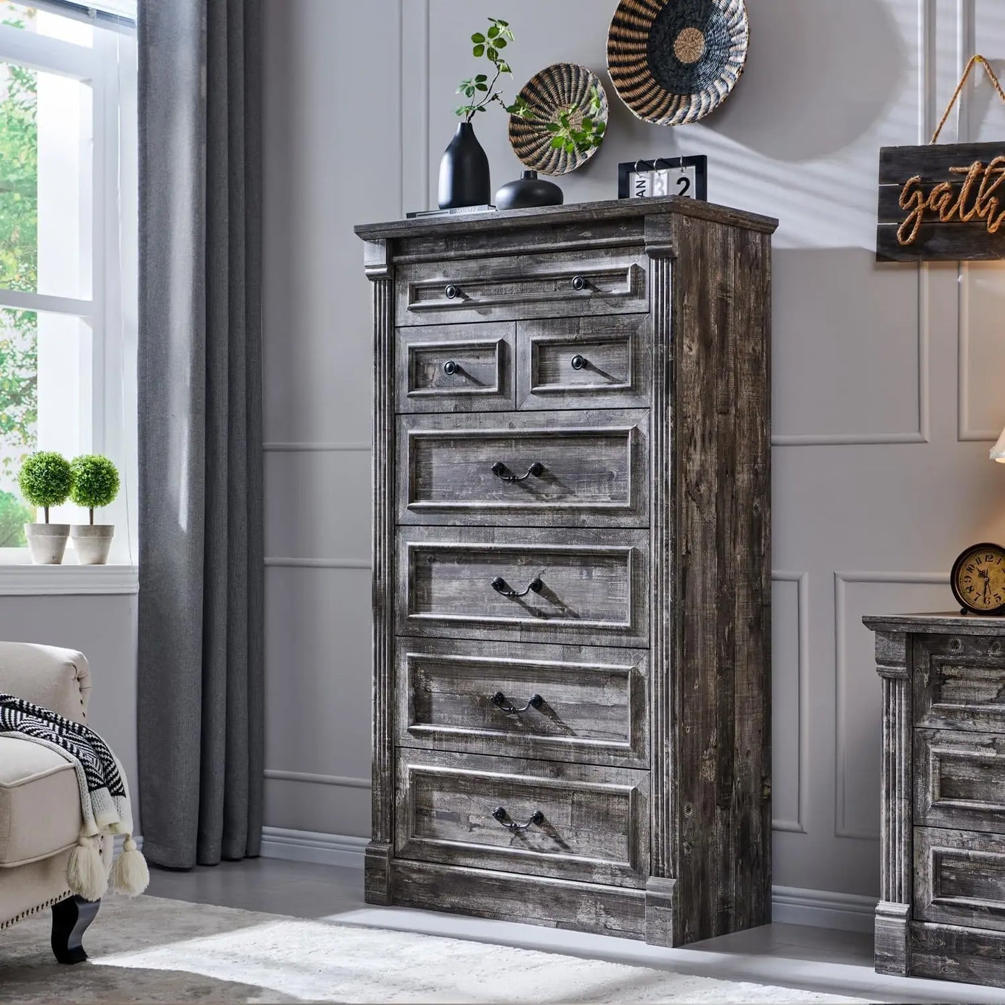 Farmhouse 7 drawer dresser, 57" large Roman column chest of drawers, bedroom, hallway, living room storage dresser.