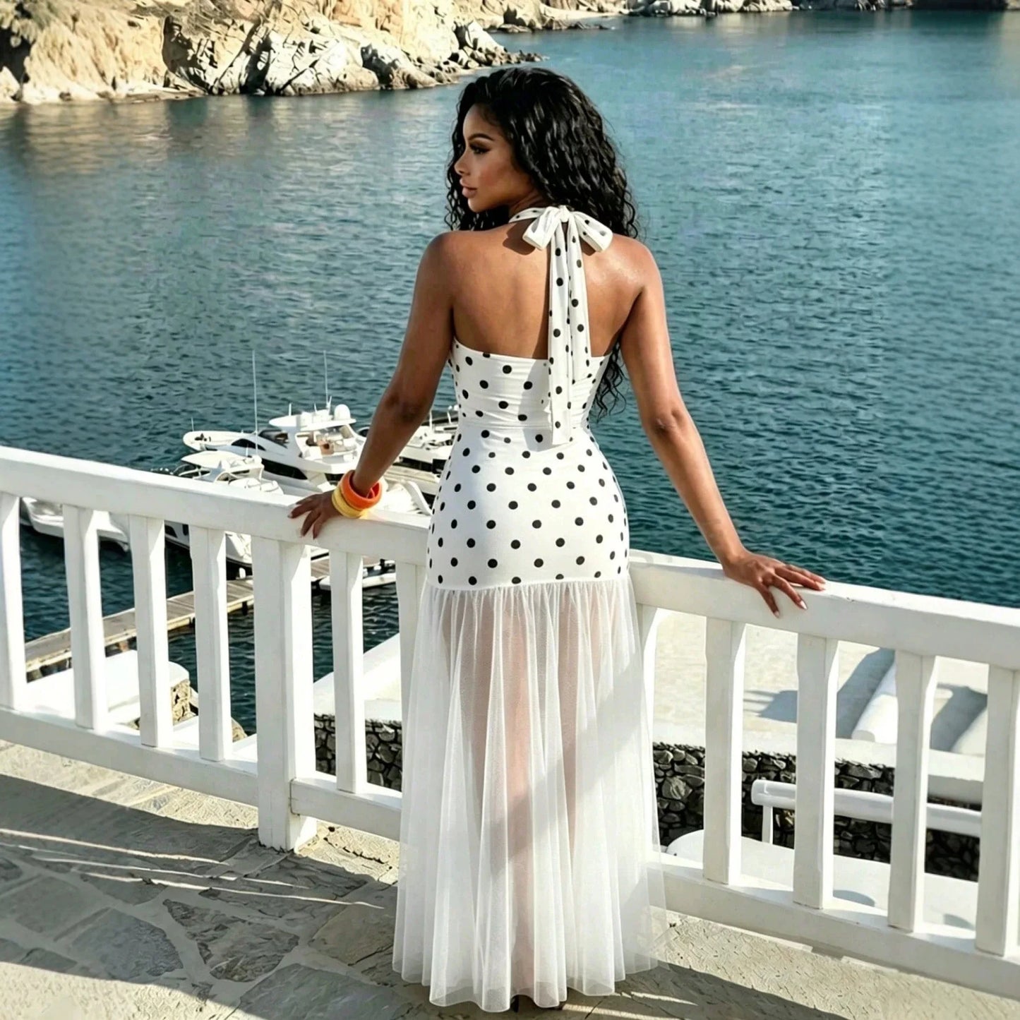 Sexy Polka Dot See through Beach Dress with Neck Hanging Long Polyester Blend Fabric Swimwear Cover up Irregular Hemline