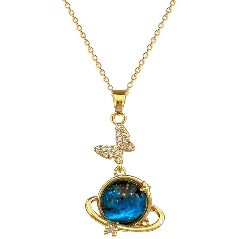 Stainless Steel Zircon Planet Star Pendant Necklace For Women Elegant Aesthetic Clavicle Chain Necklace Jewelry Party Gift