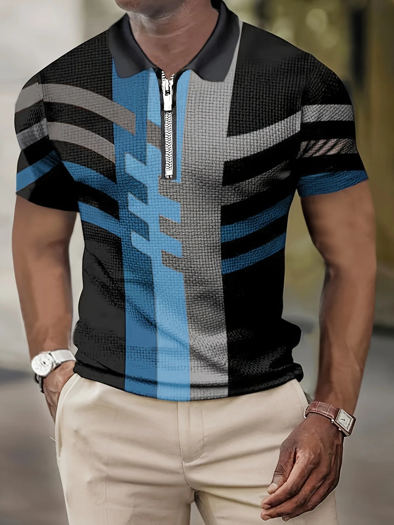 2023 New Men's Short-Sleeved POLO Shirt Summer Retro Striped 3D Printed Top Zipper Lapel Slim POLO Men's Casual Clothing