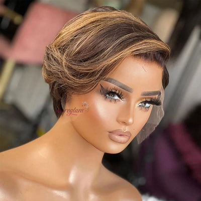Kurze Bob Perücke Pixie Cut Perücke Glatte Echthaarperücken 13x4 Transparente Lace Front Perücke Für Frauen Highlight Glatte Pixie Cut Perücke