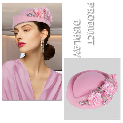 Eleganter Filz-Turbanhut Vintage Strass Blume Kirche Barett Hut Für Damen Stewardess Party Cosplay Mütze Kostüm Zubehör