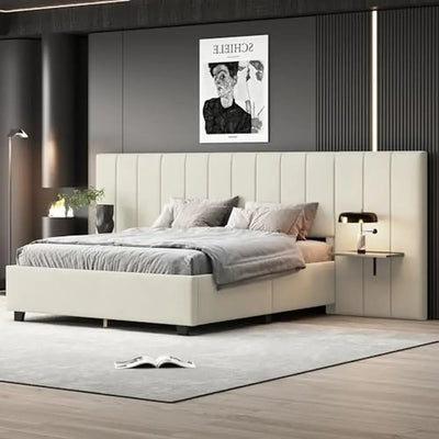 Queen-Size Polsterbett Samt Große Kopfstütze Holzrahmen Schlafzimmer Stauraum Lattenrost Kein Boxspringbett erforderlich