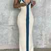 Sexy V-neck Contrast Color Off-shoulder Sleeveless Striped Wide Sling Split Hem Long Dress Temperament Party Club Casual Clothes