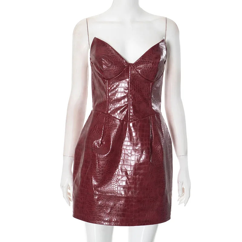 Luxury Leather Strapless Short Dress Women's Hot Summer Backless Sexy Party Curvy Dresses 2025 Evening Red Brown Hip Pacage  Y2K