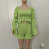 Chic Women Sweet Set Puff Sleeve Crop Tops and Shorts Outfits Solid Stretch Pleated Sexy Summer Girl 2 Two Piece Suit