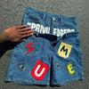 Y2K Hip Hop Denim Shorts Loose Fit Cotton Five-Quarter Length Printed Embroidered Low-Mid Waist Jeans Shorts for Men