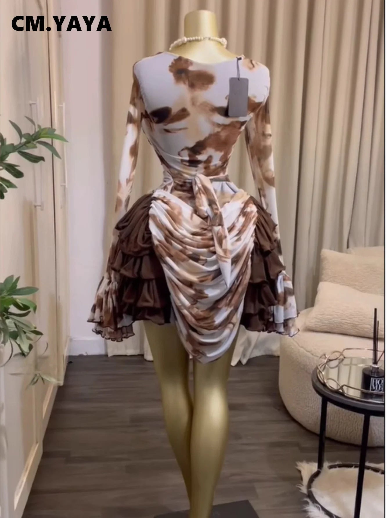 CM.YAYA Women Tie Dye Print Cascading Ruffles Bell Long Sleeve Bodycon Ruched Draped V-neck Dress Vacation Beach Holiday Dresses