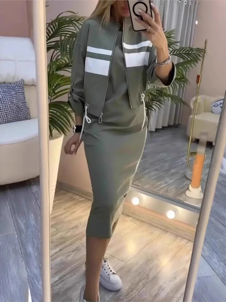 Women's Fashion Color-blocked White Striped Hip-covering Sweatshirt Dress 2piece Set Female Casual Zipper Jacket Coat Dress Suit