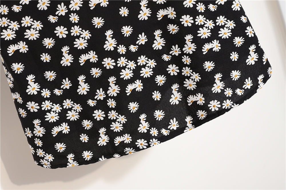 Damen Minikleider Sommer Mode Damenkleider Bedruckte Chiffonkleider mit Blumenmuster, gerafft, plissiert, kurze Puffärmel, Freizeitkleid