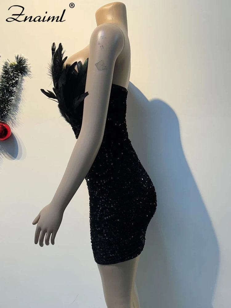 Znaiml Luxuriöse Geburtstagskleider für Damen, mit Federn, Pailletten, trägerlos, tiefem V-Ausschnitt, Schwarz, eng anliegend, Mini-Kleider, sexy Club Party Nacht Abschlussball Robe