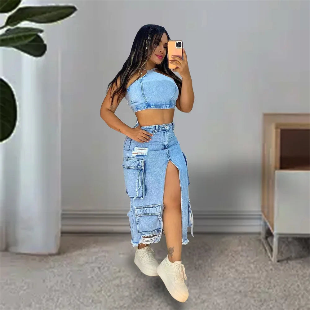 Mid Length Skirts Women Denim Skirt Hole Pockets A Line Slit Slim Y2k Streetwear Elegant Splice Y2k High Waist Summer 2025