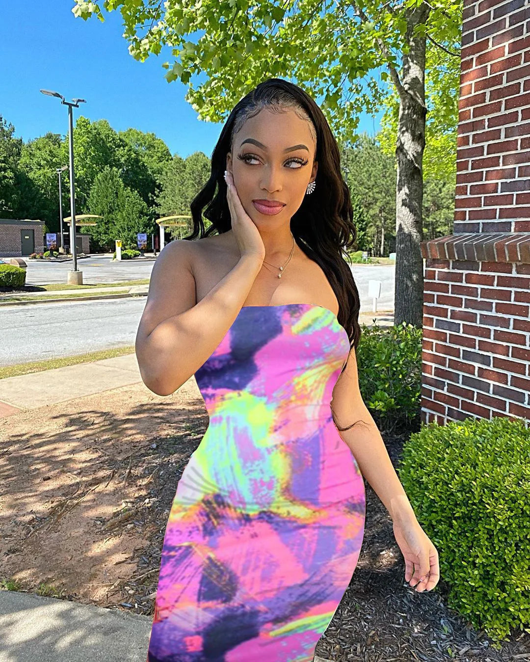 Spring/Summer Women's Colorful Tie Dye Print Off Shoulder Wrapped Chest Dress