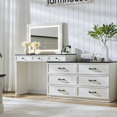69" B rustikale Schlafzimmerkommode aus Holz mit Glasplatte, 9 großen Schubladen, 3 farbigen Leuchten und 30" HD-LED-Spiegel