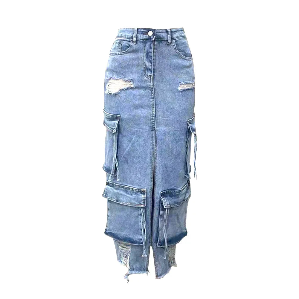 Mid Length Skirts Women Denim Skirt Hole Pockets A Line Slit Slim Y2k Streetwear Elegant Splice Y2k High Waist Summer 2025