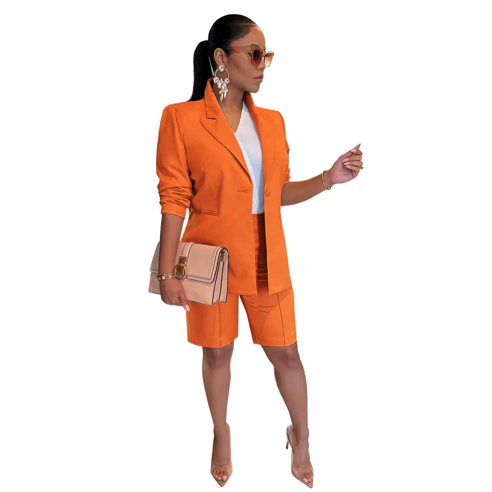 2 Piece Set Blazer Short Suits Knee Length Pant Set Simple Solid Color Office Suit Lady Women Blazer Trousers Two Piece Set
